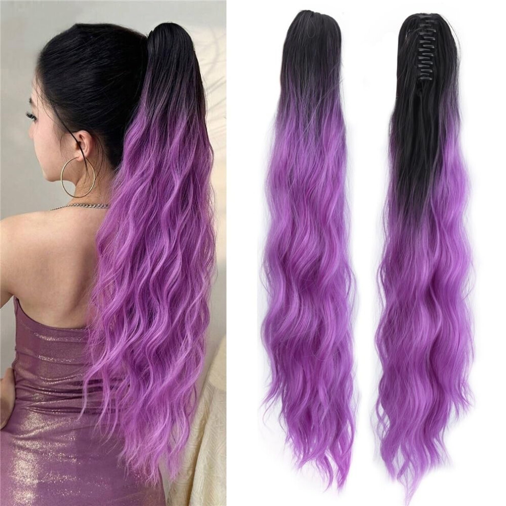 Unisex Black,Purple 26 Inch Wavy Clip In Ponytail Extension With Secure Claw Clip Black And Purple Synthetic Hairpiece