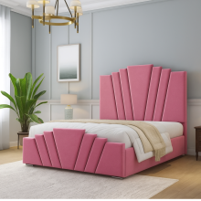 (Pink(No Mattress), 3ft Single(with Gaslift)) Luxury Crown Double Bed Frame Plush Velvet 54in Headboard with Mattress Storage Option