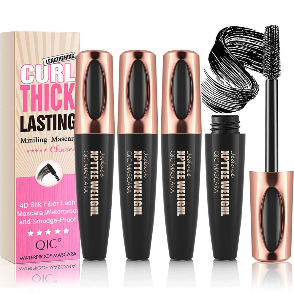 Black 4 Pack 4D Silk Fiber Lash Mascara Waterproof Smudgeproof Volumizing Longlasting