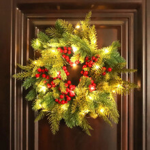 Guirlanda de Natal de 40 cm com frutinhas vermelhas, decoração natalina grande e iluminada para porta, ideal para ambientes internos e externos,