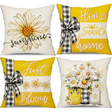 Set di 4 federe estive da 45x45 cm, con decorazioni a margherite e vasi, a righe gialle, adatte per interni ed esterni, compatibili con cuscini