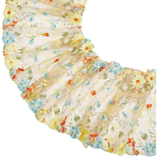2Yards Πράσινο Floral Δαντέλα Κεντητικό Ύφασμα 9,2" Πλάτος, Κίτρινο Μπλε Γάζα Τούλι από