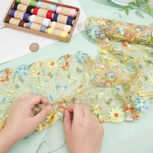 2Yards Πράσινο Floral Δαντέλα Κεντητικό Ύφασμα 9,2" Πλάτος, Κίτρινο Μπλε Γάζα Τούλι από 2