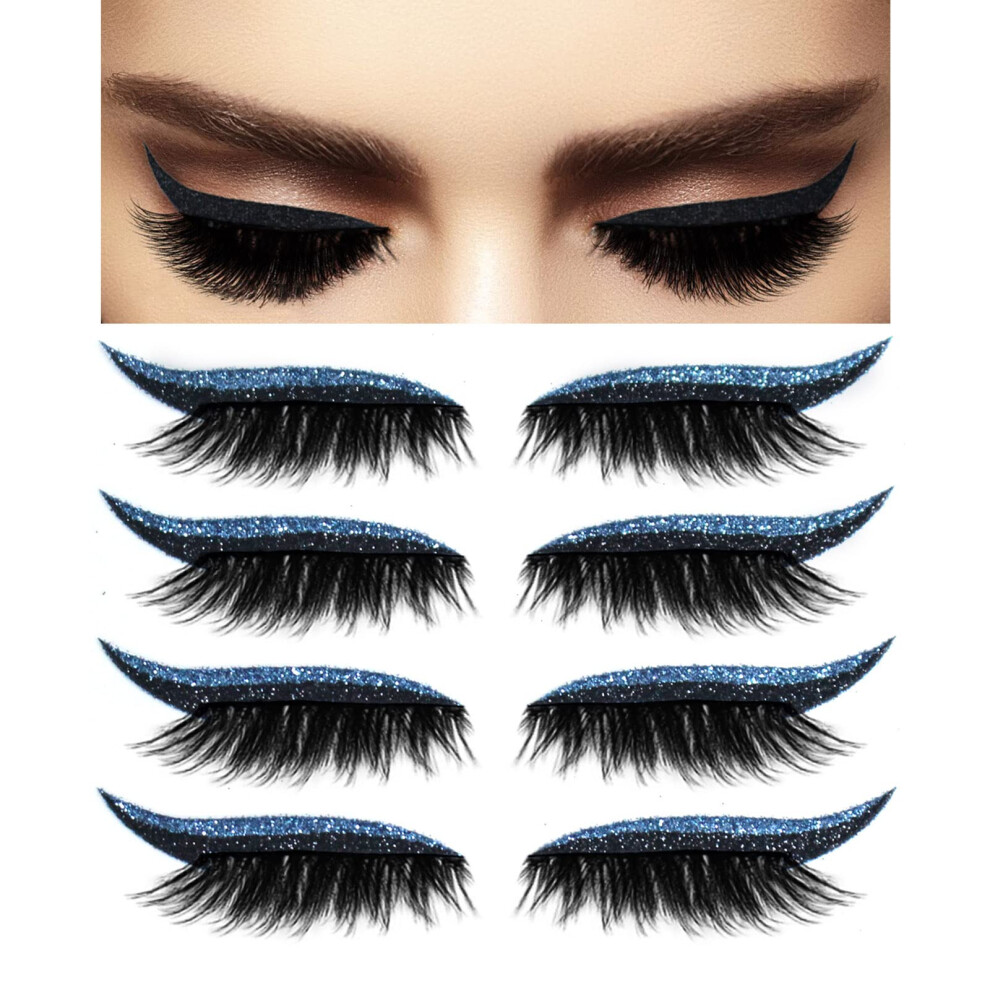 Blue Reusable Waterproof Eyeliner And Eyelash Stickers With Glitter, Quick Eye Makeup, 4 Pairs