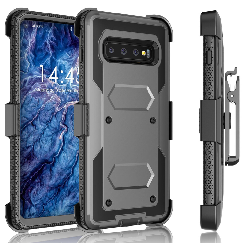 Galaxy S10/S10+/S10e Case, Compatible With Samsung Galaxy S10 Holster Clip, Shock Absorbing Swivel Locking Belt Defender Full Body Armor Case Gray 9423501354266