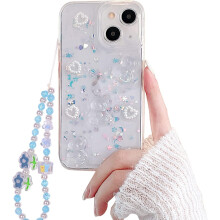 Ag luí le iPhone14Case, Cás TPU Glan, Frith-Thurraingthe, Béar, Glitter Bling, le Seun/Strap Slabhra Fóin do Mhná - 6.1''