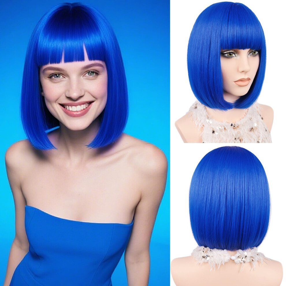 Unisex Blue Royal Bob Wig 12 Inch Short Straight With Bangs For Women Naturallooking Synthetic Fiber