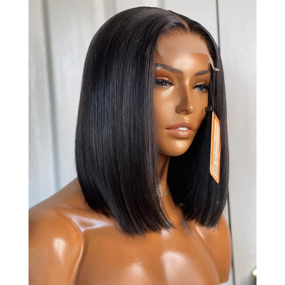 Unisex Black Human Hair Lace Front Wig Brazilian Straight Bob 13X4 Glueless Pre Plucked For Women 18Inch
