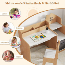 Set birou si scaun pentru copii Masa student cu rafturi deschise Alb + Natural