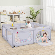 Box per bambini con materasso e 50 palline da gioco, 4 anelli di chiusura e 4 porte con cerniera grigio chiaro
