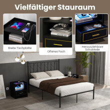 Nočný stolík s LED svetlom, USB portom a nabíjacou stanicou Type-C, nočný stolík s pohybovým senzorom, čierny