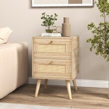 Rattan bohó stílusú éjjeliszekrény 2 fiókkal és tömörfa lábakkal Modern éjjeliszekrény