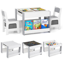 Tavolo per bambini con 2 sedie & Piano del tavolo reversibile e amp; Libreria Dinette per bambini in 3 pezzi grigia