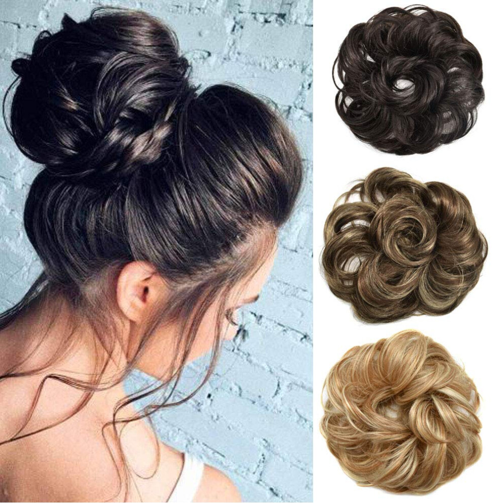 Unisex Brown Hair Bun Extension Messy Bun Hair Piece Golden Synthetic Curly Wave Thick Updo For Women