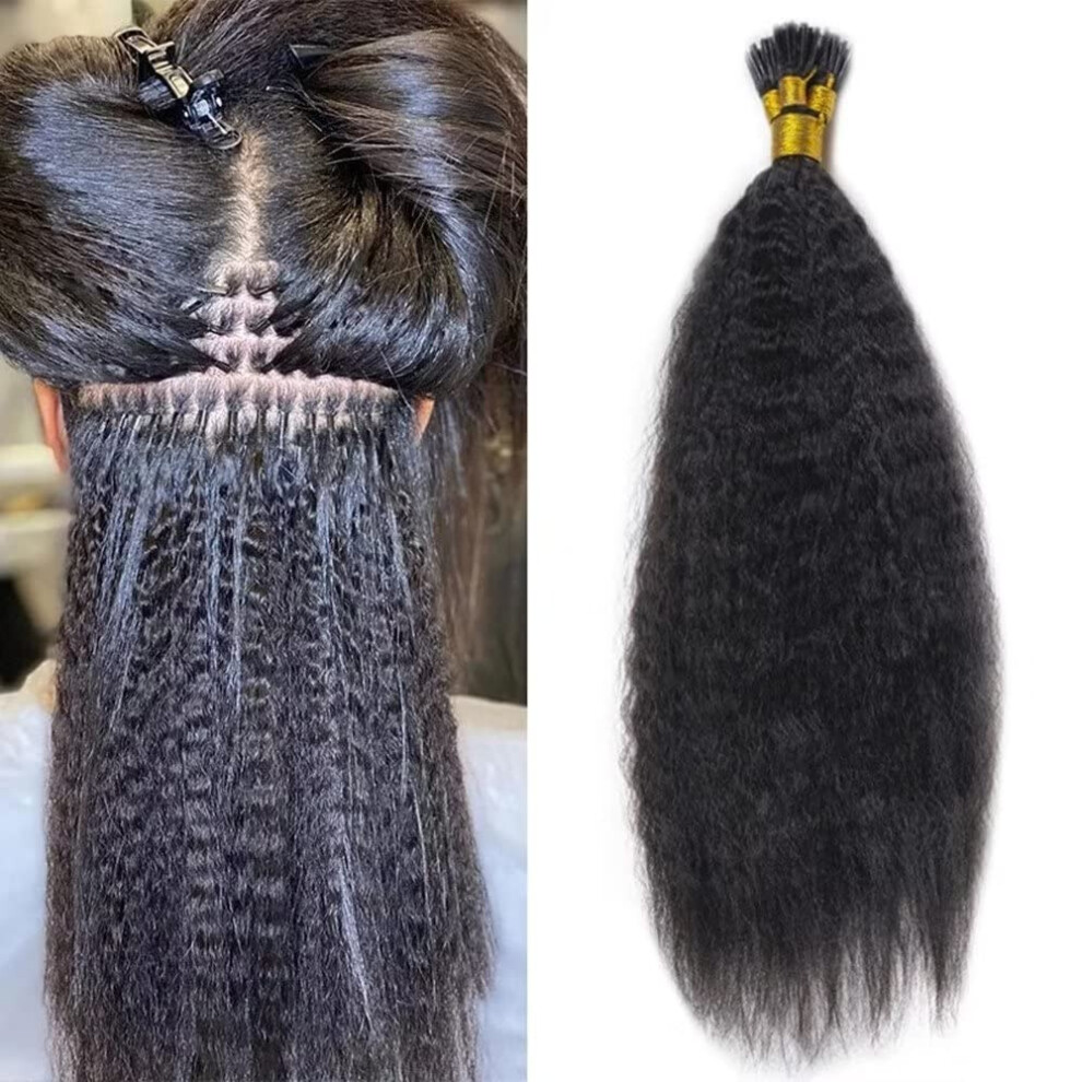 Unisex Black Kinky Straight I Tip Microlink Human Hair Extensions 12 Inch 100G Set For Women