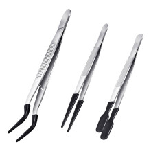 3-teiliges Pinzetten-Set mit Gummispitzen, PVC-beschichtete Pinzette, gerade und flache Gummispitze, schwarz