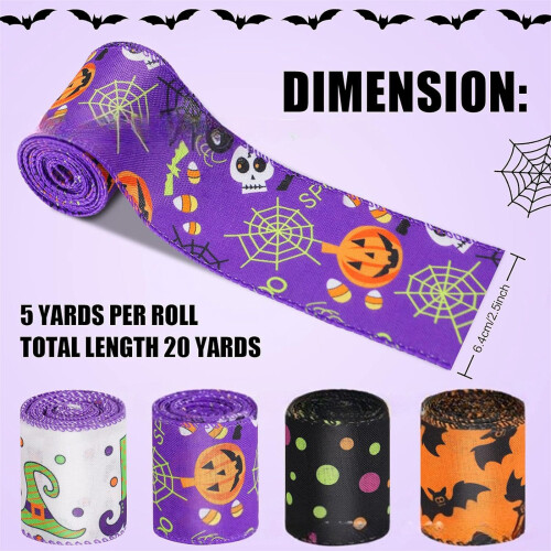 Κορδέλα με συρμάτινη άκρη για το Halloween, εκτύπωση νυχτερίδας και μάγισσας, συμβατή 1