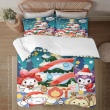 Conjunto de cama natalina Kuromi para meninos, meninas, crianças e adultos. Conjunto de cama geométrico 3D com 1 capa de edredom e 2 fronhas.
