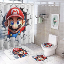 Mario4Pcs-perheen suihkuverhosetti liukumattomilla matoilla, wc-suojuksella ja kylpymatolla, mustat vedenpitävät verhot (72x72 tuumaa) + 12 koukkua