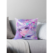 AIVO Capa de Almofada Decorativa com Estampa Adorável de Unicórnio e Garota Anime em Tons de Rosa e Roxo - Dupla Face