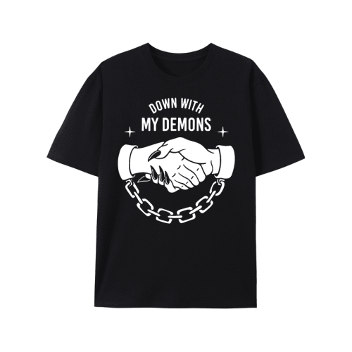 Ανδρικό T-shirt με γραφική εκτύπωση χειραψίας DOWN WITH MY DEMONS, άνετο καλοκαιρινό