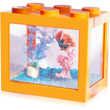 Betta Fish Tanks, 3/5 Gallon Stackable Mini Aquarium Kit with Gravel & Decor, Cube Fish Bowl for Seaweed Balls, Sea Monkeys, Orange
