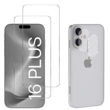 Härdat glas - Phonillico - kompatibelt med iPhone 16PLUS - Pack2 - Skärm- och kameraskydd - Reptåligt transparent