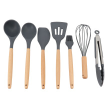 Conjunto de 7 utensílios de cozinha Gibson Home Holton em madeira de faia e silicone na cor cinza.