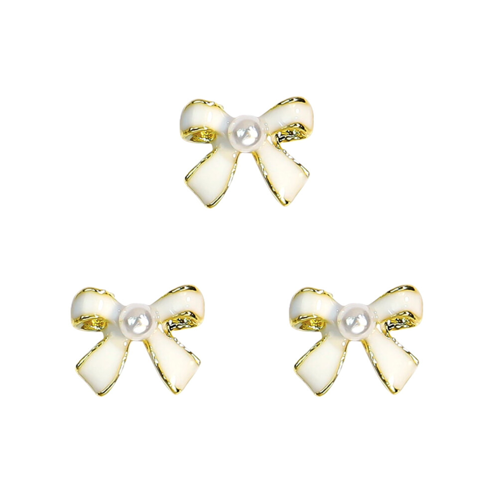 Hesroicy 3Pcs Faux Pearl Bow Nail Art Decors, Black White Shining 3D French Style Mini Nail Bows for Salon DIY, compatible with nail tools