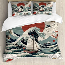Nautical Duvet Cover Set, Japanese Wave with Sun Sakura Branches & Anchors, 3PC Bedding Set w/ 2 Pillowcases, Pale Ruby & Blue