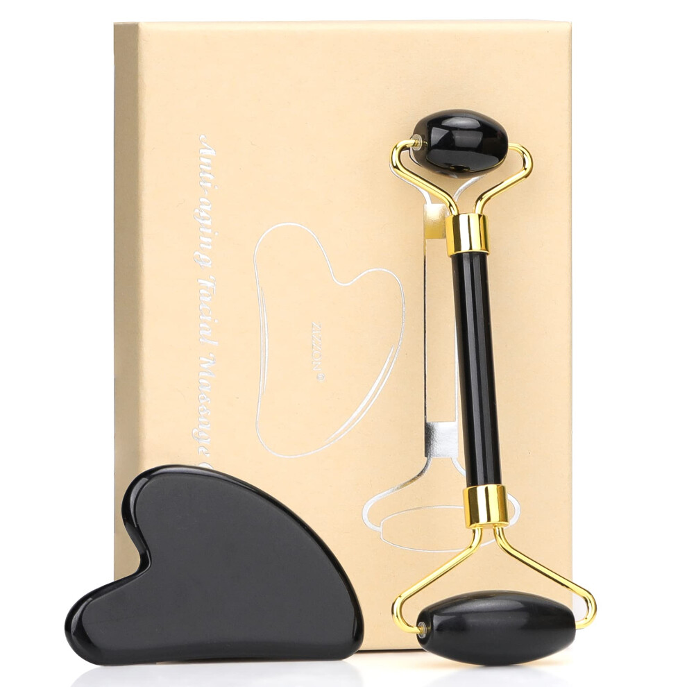 Black Facial Roller And Gua Sha Set, Obsidian Jade For Face And Eyes, Contour And Cooling Therapy