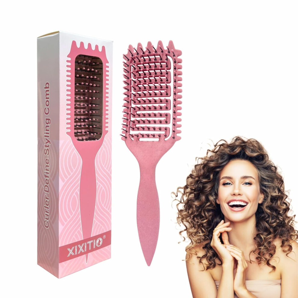 Pink Curl Defining Brush With Boar Bristles For Curly Hair, Frizz Control, Precise Styling,