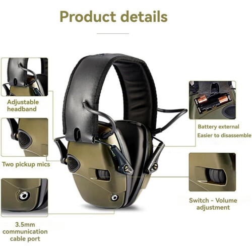 Electronic Shooting Ear Muffs with Noise Reduction and Distortion Amplification, Green Foldable Design 1