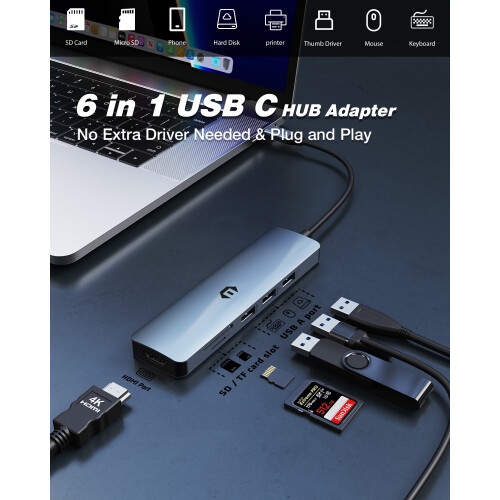 Σταθμός σύνδεσης USB C, 6 σε 1 με 4K-HDMI, θύρες USB3.0/2.0, συσκευή ανάγνωσης καρτών SD/TF, 2