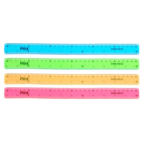 Régua flexível e transparente em PVC resistente a quebras, com escalas em polegadas e milímetros, ideal para estudantes.