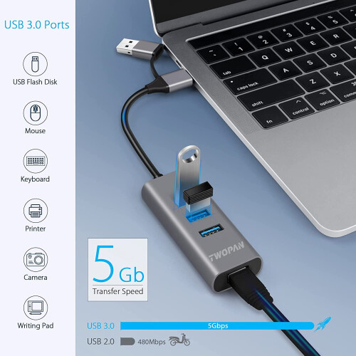 USB3.0Hub Ethernet, Προσαρμογέας USB C σε Ethernet από αλουμίνιο, Διανομέας USB C 3 θυρών για φορητό 2