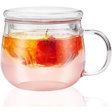 Xícaras de chá de vidro com infusor e tampa, canecas de grande diâmetro, alça anti-queimadura (355 ml)