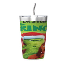 Thermos Grinch con cannuccia conica, doppia parete, isolamento sottovuoto, acciaio inox, stampa 355 ml, bianco