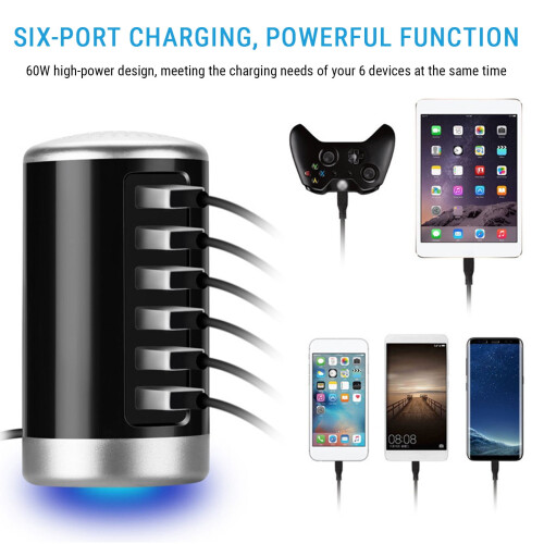 Kiplyki6USB Έξυπνος Γρήγορος Φορτιστής6A Πολλαπλών Θυρών Κυλινδρικός Φορτιστής USB, 2