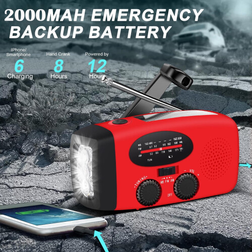 Ραδιόφωνο έκτακτης ανάγκης TIFOR 2000mAh, Ηλιακός/Χειροκίνητος/Φόρτιση USB, AM/FM, Φως LED, SOS, 2