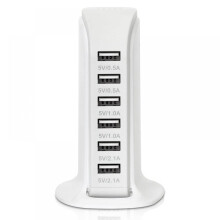 6-ports USB-vægoplader til stationær opladning, hurtig opladning 2.1, kompatibel med telefoner, tablets, smartphones og mere (hvid)