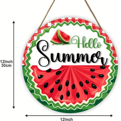 Ξύλινη στρογγυλή πινακίδα πόρτας "Hello Summer" με καρπούζι (12"), ρουστίκ στεφάνι 2