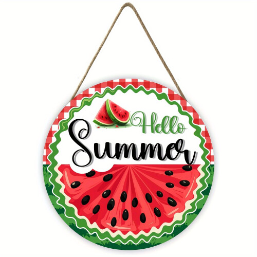 Ξύλινη στρογγυλή πινακίδα πόρτας "Hello Summer" με καρπούζι (12"), ρουστίκ στεφάνι