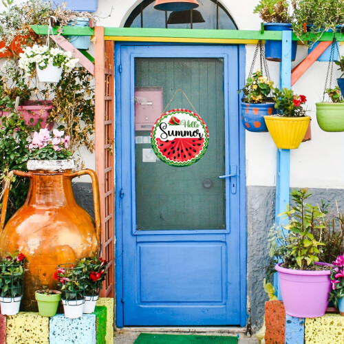 Ξύλινη στρογγυλή πινακίδα πόρτας "Hello Summer" με καρπούζι (12"), ρουστίκ στεφάνι 1