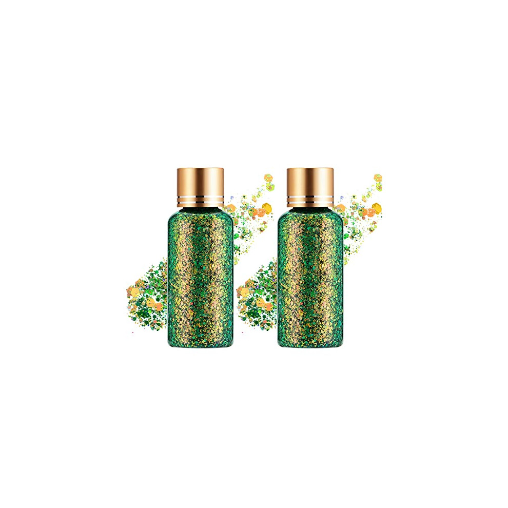 Green Holographic Body Glitter Gel Brass 2Pcs Long Lasting Waterproof Chunky Glitter For Festival Makeup