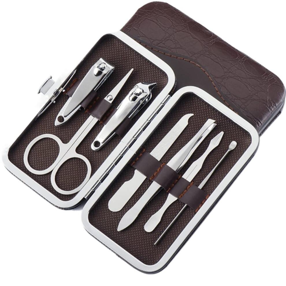 7 Piece Stainless Steel Manicure Set with Pedicure Kit and Leather Case for Travel Grooming