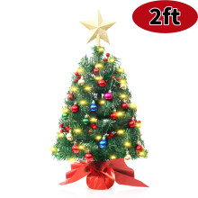 Mini Christmas Tree Tabletop Christmas Tree Decor Artificial Small Xmas Pine Tree with LED String Lights and Ornaments 24in Red