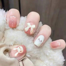 Schattige konijnen nepnagels voor dames en kinderen, voorgelijmde korte nepnagels met volledige dekking, plakbare nagelversiering - blauw