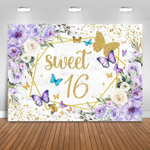 Sweet16Backdrop7x5ft, fialový motýľ, kvetinové pozadie k narodeninám pre dievčatá, párty dekorácia a rekvizity pre fotobúdku