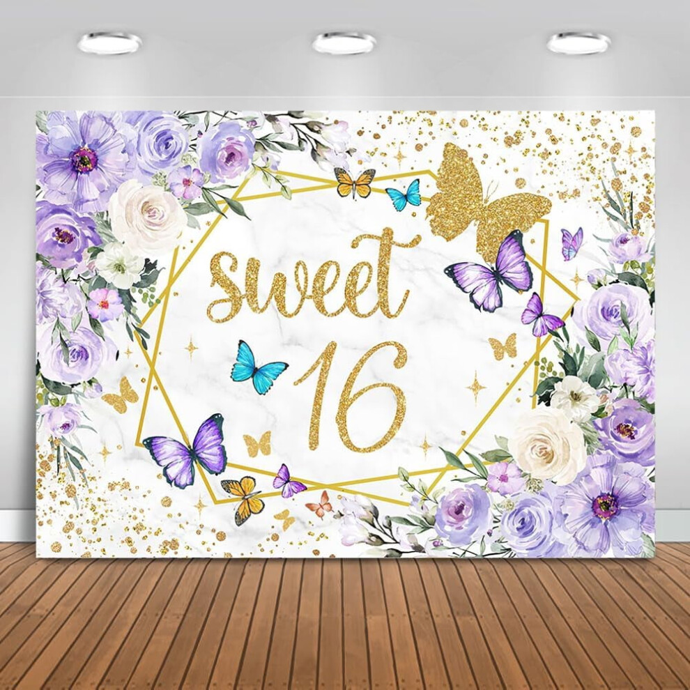 Sweet 16 Backdrop 7X5ft, Butterfly Floral, Happy Birthday Background For Girls, Party Decor & Photo Booth Props Purple 9395123728056